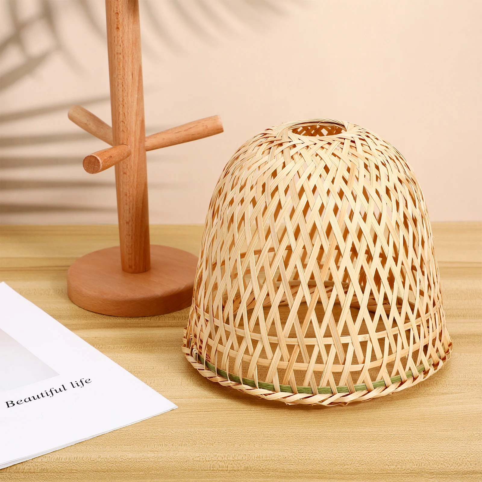 2 Pcs Bamboo Lampshade Ceiling Accessory Lampshades Decor Light Bulb Rustic Style Woven Weaving for Hanging Khaki