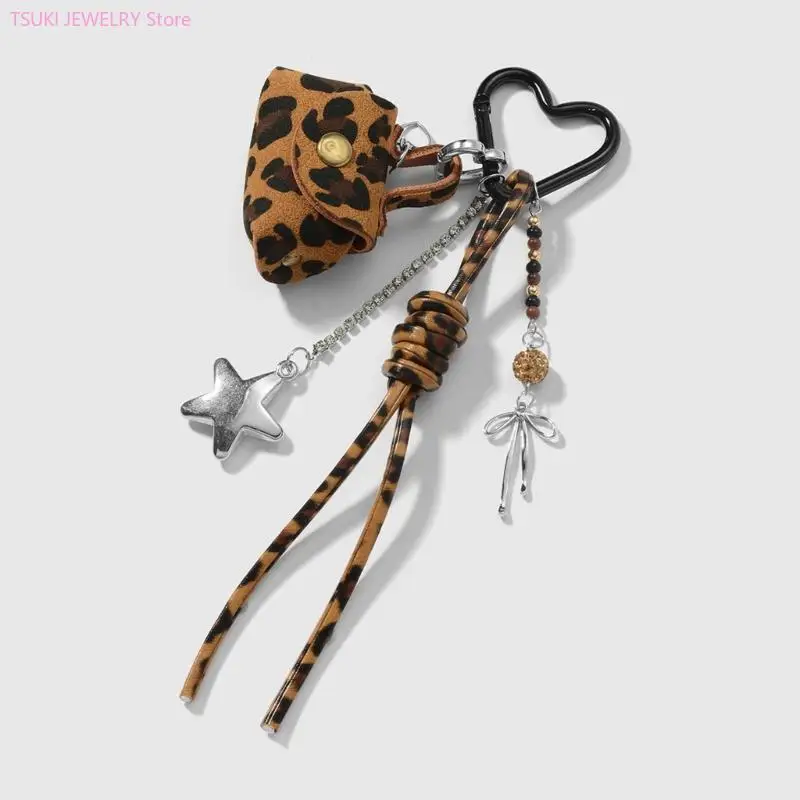 62KE Retro Leopard Print Bowknot Keychain Vintage Star Charm Zinc Alloy Coin Purse