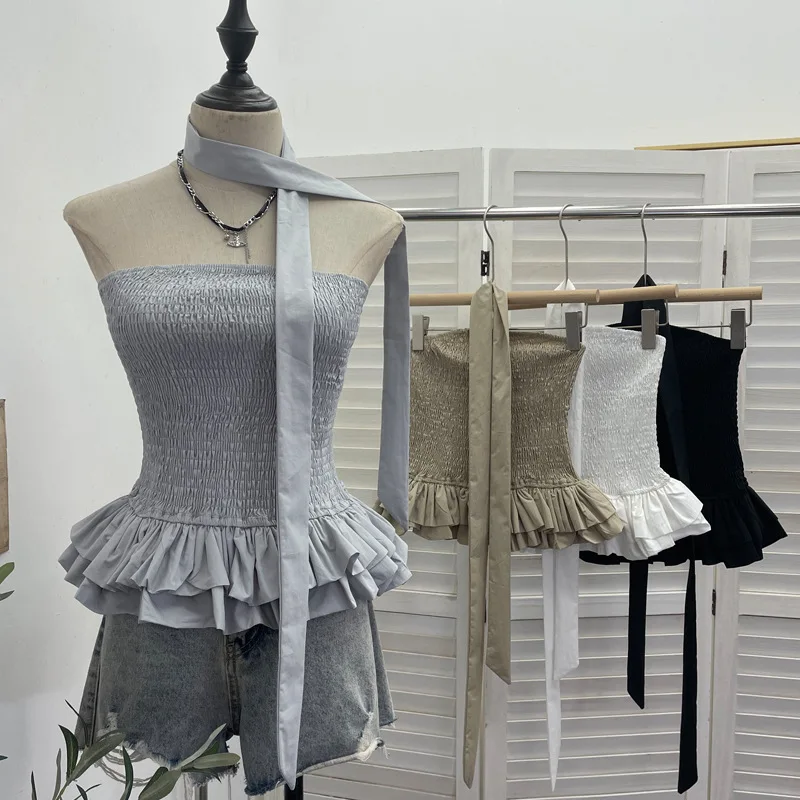 Women Elastic Smocked Ruffle Hem Fluffy Lace Tube Top Halter Ribbon Slim Fit Cropped Sleeveless Bustier Blouse Clubwear8169