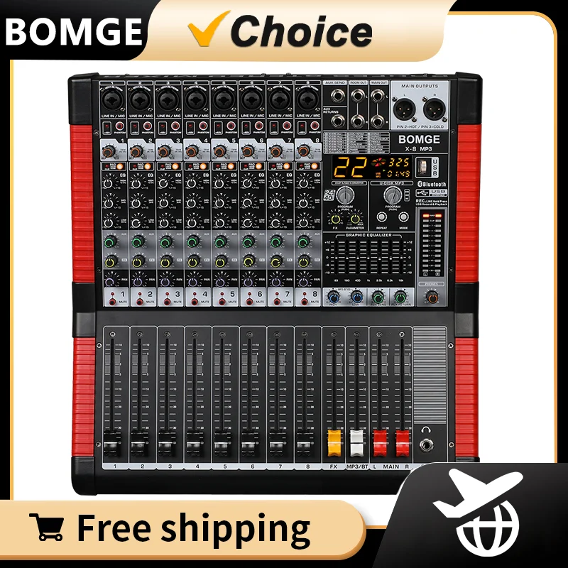

BOMGE Professional 8 Channel Audio Mixer Sound Board Mixing Console USB MP3 Bluetooth Input 48V Phantom Power 24 FX DSP For PC