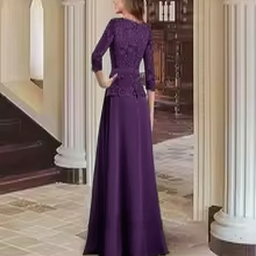 Abito da sposa lungo fino al pavimento in chiffon con applicazioni personalizzate per la madre della sposa per la festa serale formale