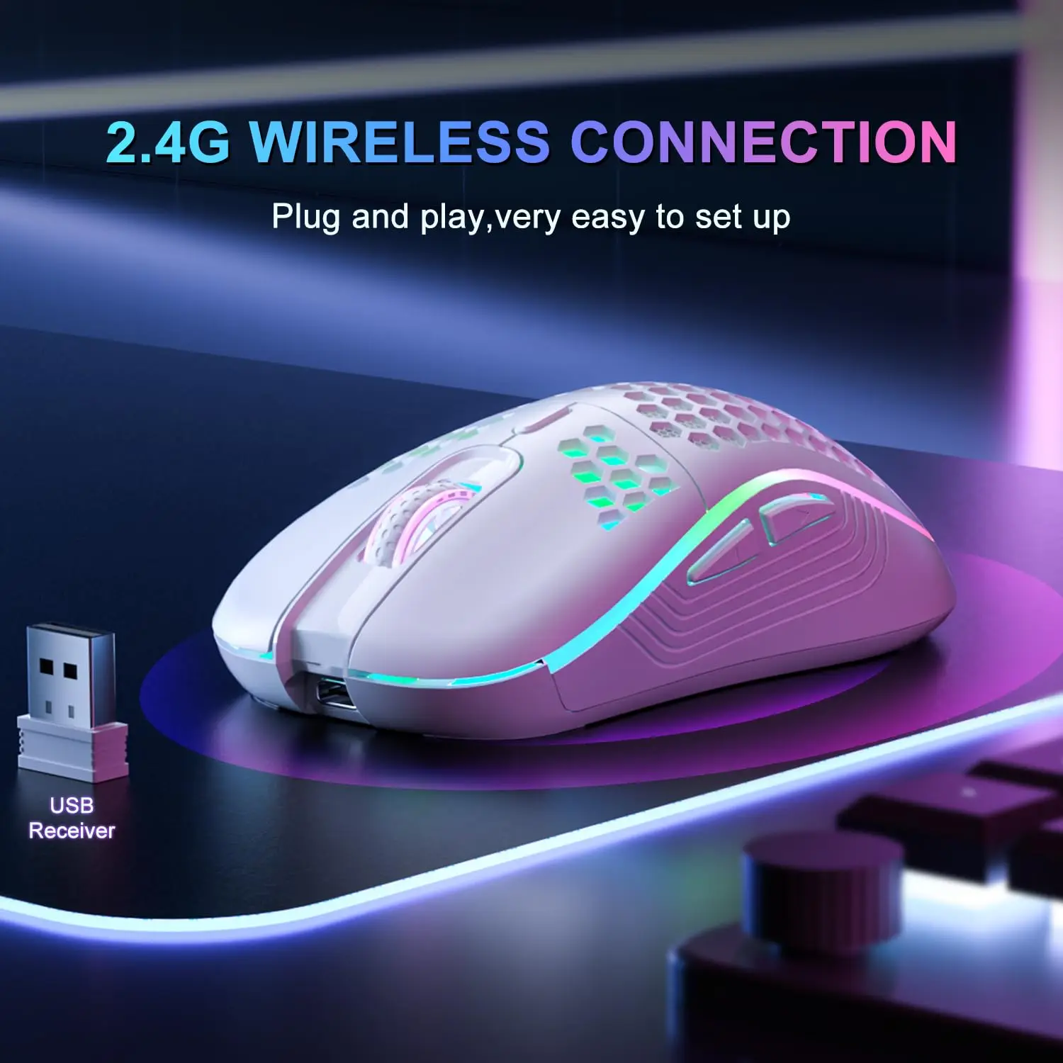 Mouse sem fio 2.4G com retroiluminação RGB 6 botões 3 velocidades DPI Tipo C recarregável ergonômico design em favo de mel mouse para jogos