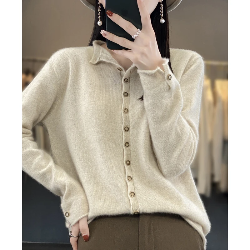 100% Wool Women\'s Cardigan Sweater Casual Loose Solid Color Cashmere Knitted Long Sleeve Thin Women\'s O-Neck Sweater New Special