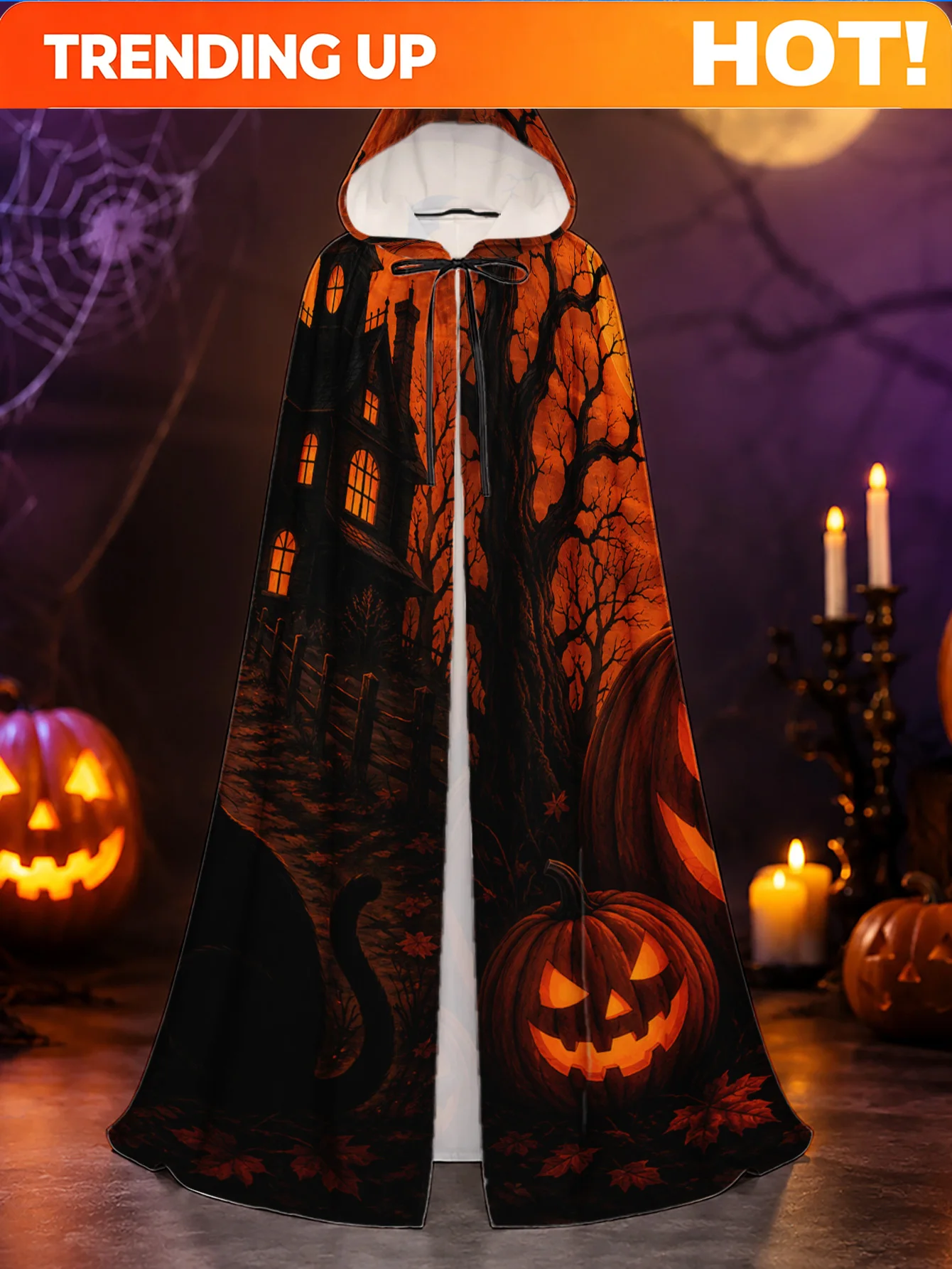 Customization [Hooded Halloween Cloak] Soft Polyester Hooded Cloak With Pumpkin Moonlit Silhouette Print - 1pc - Great