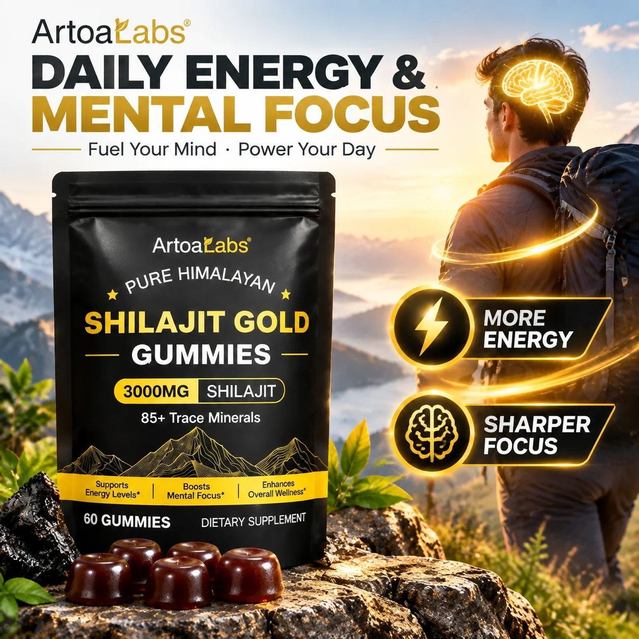 Himalayan Shilajit Gummies Supports Daily Energy & Mental Focus with 3000mg Shilajit 85+ Trace Minerals Vegan Sugar Free 60 Ct