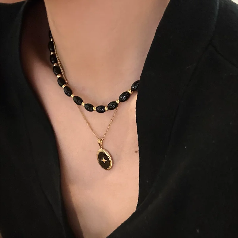 Black agate beaded long necklaces stainless steel sweater necklaces vintage elegant black stainless steel jewelry non tarnish