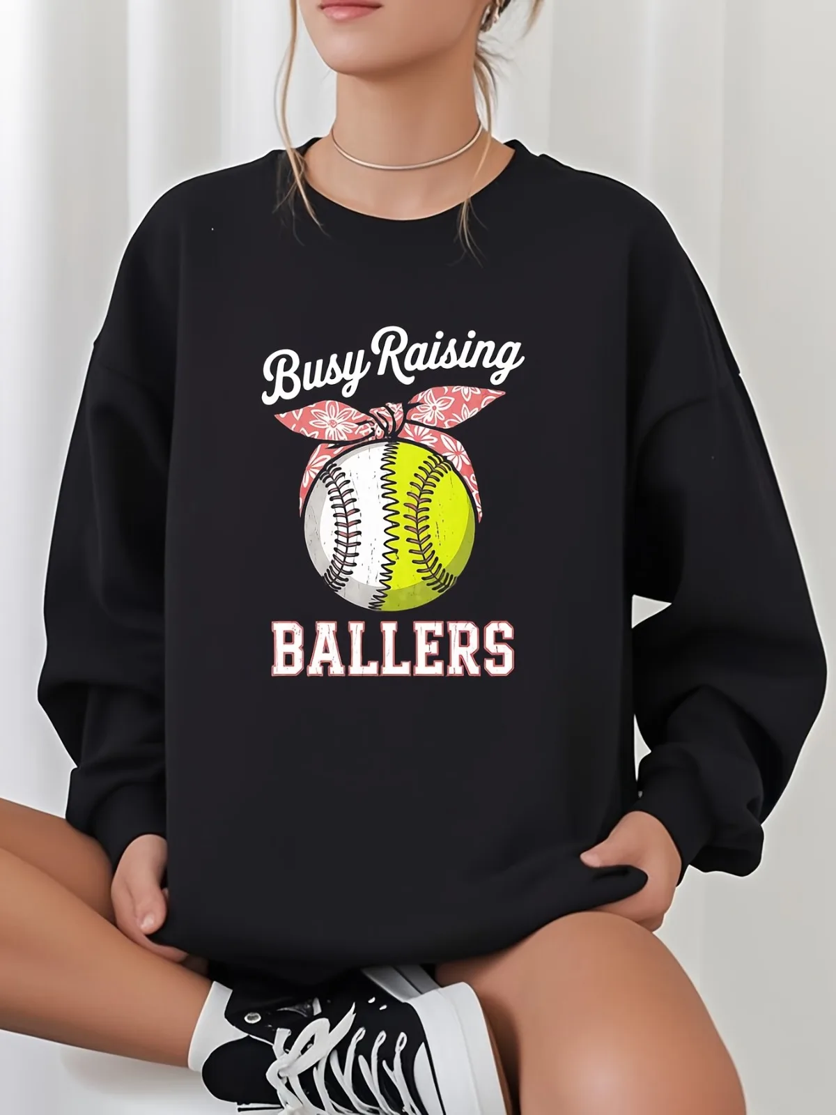 Women's Fashion Casual Softball Elements and Printed Text Pattern Round Neck Hoodie Suitable for Parties Holidays Gift Pullovers