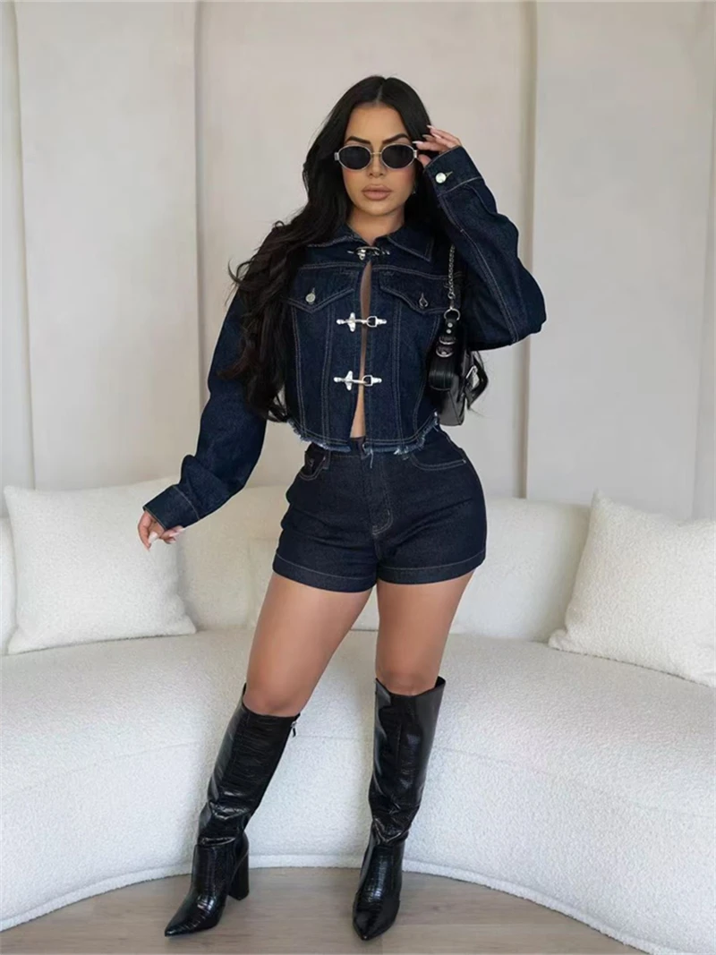

Streetwear Denim 2 Piece Sets Women Outfit Spring Clothing Women Full Sleeve Jean Jacket Top Shorts Sets Casual Denim Woman Sets
