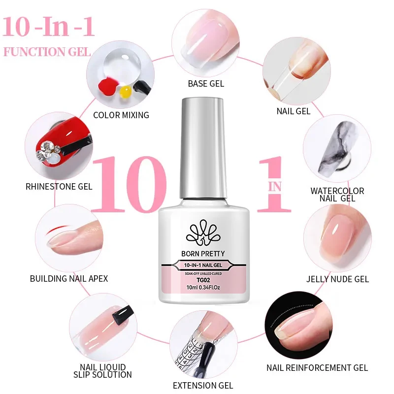 BORN PRETTY 10 IN 1 กาวเล็บเจลเล็บโปร่งใสฐาน Top Coat เจลเล็บเจลเคลือบเงา 10ml เล็บ
