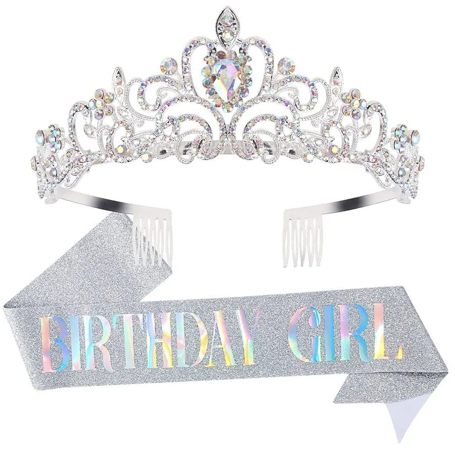 2-teiliges Set Glitzernde Strass-Kristall-Krone Tiara Geburtstagsmädchen Schärpe Krone für Frauen Mädchen Geburtstagsparty Dekorations-Set – Detail 9