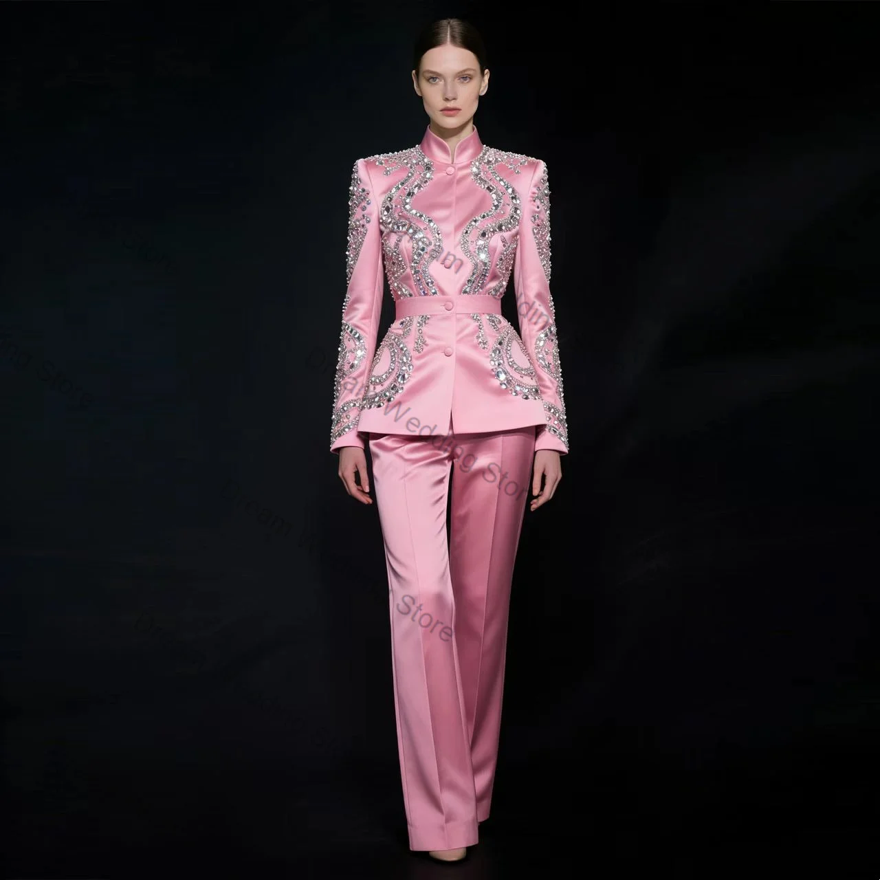

Pink Satin Women Suit Set 2 Pcs Blazer+Pants Spring Crystal Stand Collar Formal Office Lady Jacket Customized Wedding Guest Coat