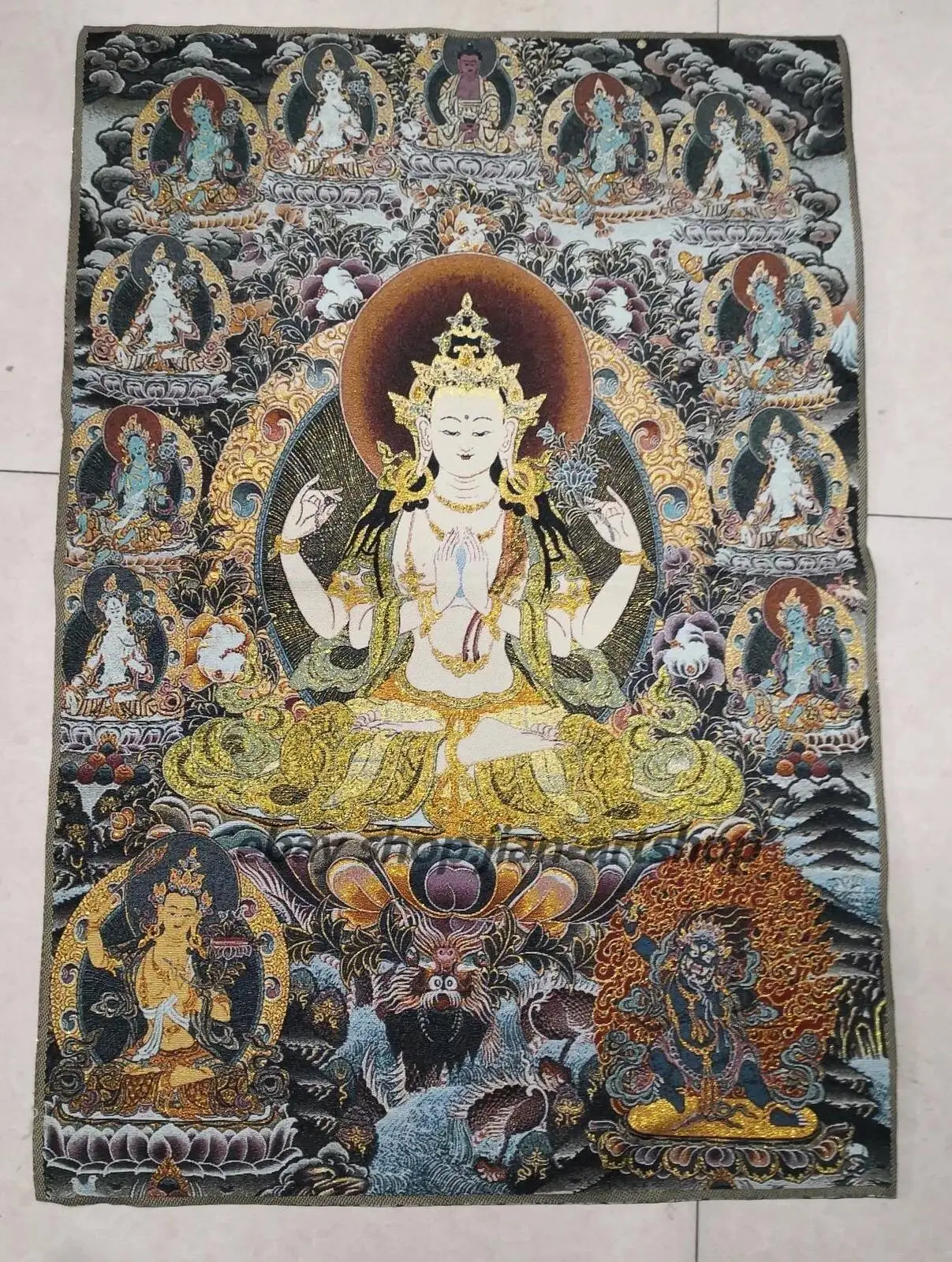 36Inch Tibetan Silk Buddhist Thangka Painting Of The Four-Handed Bodhisattva
