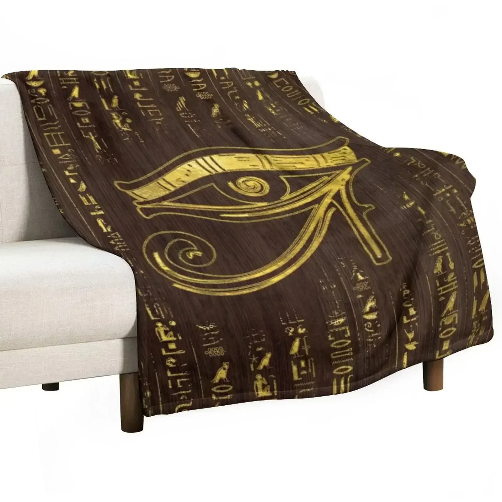 Golden Egyptian Eye of Horusand hieroglyphics on wood Throw Blanket Flannel Fabric funny gift for sofa Vintage Blankets