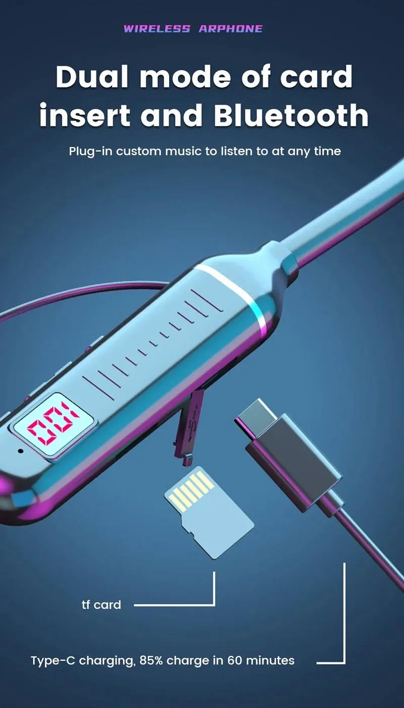 سماعات رياضية بشريط حول الرقبة سماعات بلوتوث للألعاب شاشة LED للبطارية وميكروفون لاسلكي ستيريو HIFI TWS سماعة رأس تدعم بطاقات TF