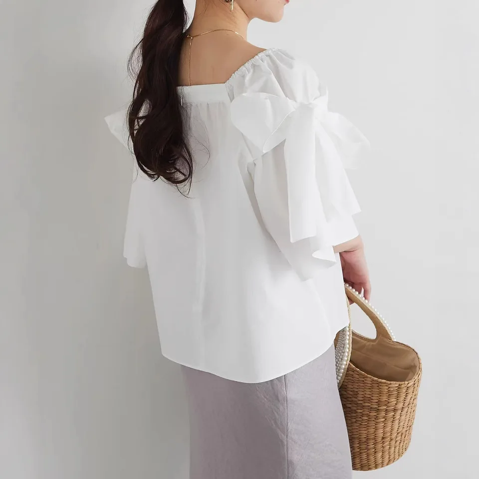 

2025 Summer New Bow Short Sleeve Off Shoulder Women's Shirt