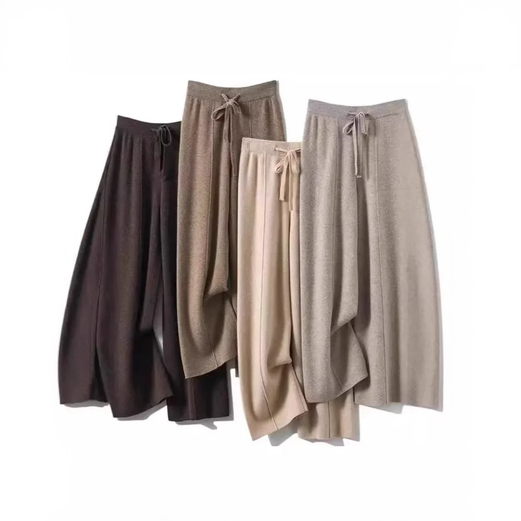Pantalones de pierna ancha de lana tejidos de cintura alta Otoño Invierno nuevo estilo drapeado hasta el suelo pantalones casuales cálidos y agradables para la piel