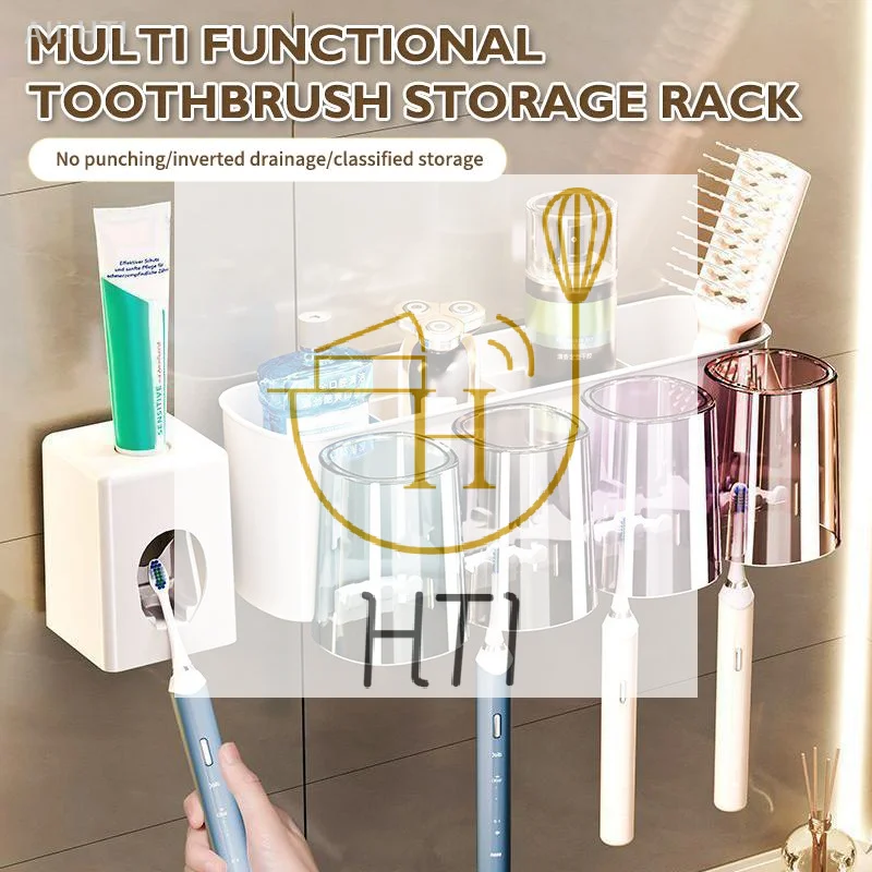 Multifunctional Toothbrush Holder And Mug Holder Wall Mounted Perforation-free Bathroom Shelf Mouthwash Cup Toothbrush Holder