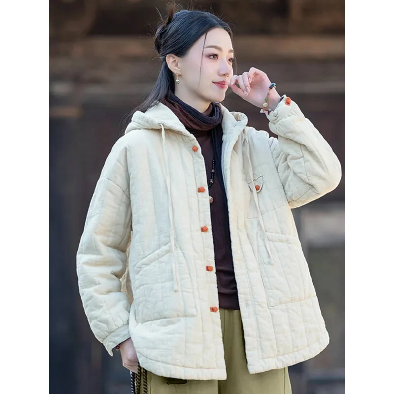 

Women's Winter New Retro Buttoned Coat Warmth Insulation Cotton Clothing With Hood