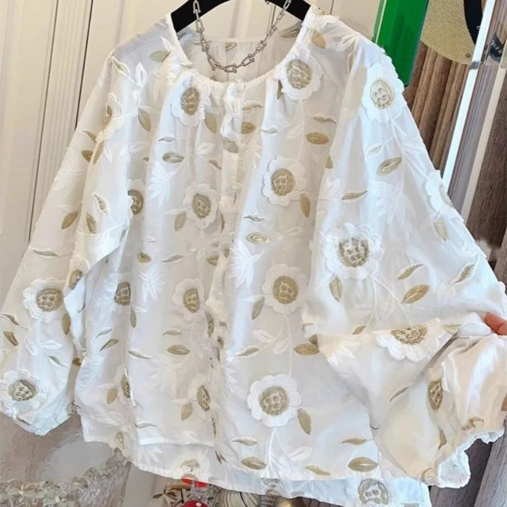 

plus Size 300 Pou Women's Casual Sle Floral Embroidery round Ne irt Loose Fit Autumn Versatile Korean Version Blouse