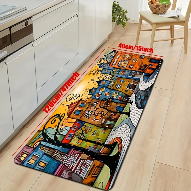 VIKAMA Animated Abstract Town Building Carpet Doormat Welcome Mat Colorful Kitchen Rug Soft Rug For Bedroom Carpet For Live Room