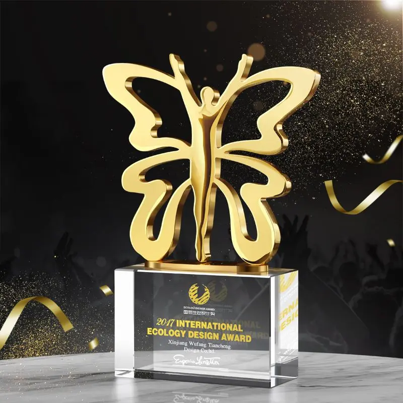 Customized Metal Butterfly Crystal Trophy, Excellent Employee Annual Meeting Award Competition Trophy Decor, Free Engraving, 1Pc