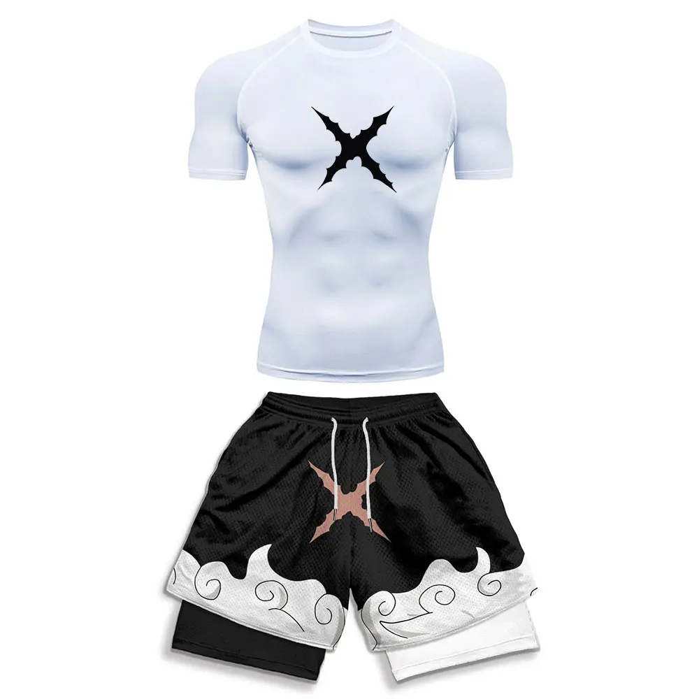 Men's Running Tracksuit Anime Print Training Fitness Sportswear Set Compression Leggings Sport Gym Performance Shorts Rash Guard