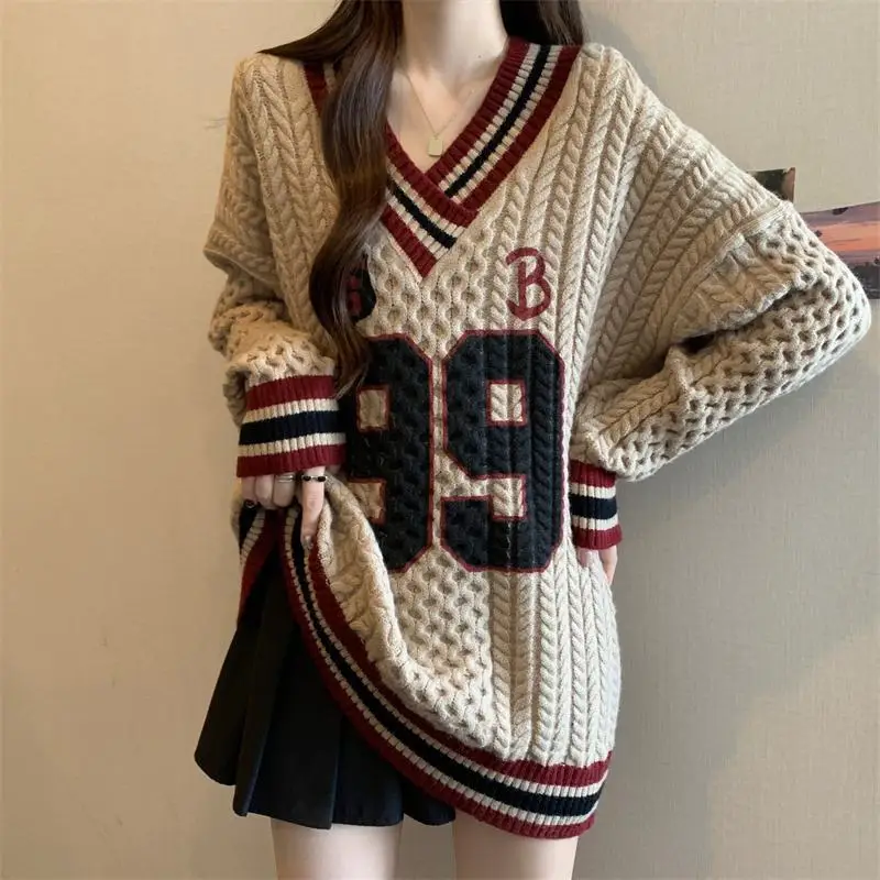 Women American Vintage Striped Digital Print Oversize Twists Knitted Sweater Casual Streeetwear V Neck Long Sleeve Pullover Tops