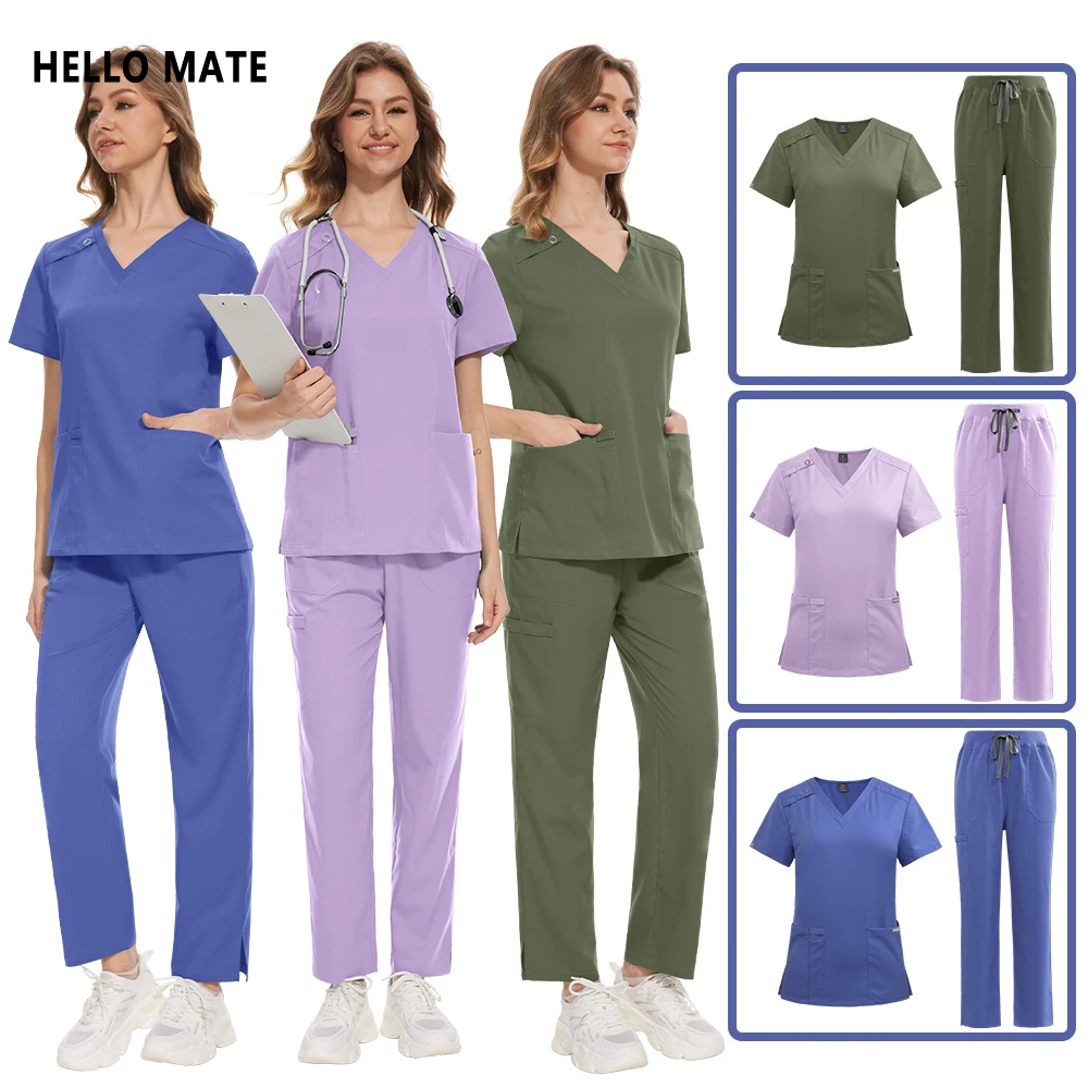 High-end Lab Workwear Medical Nurse Uniform Dentist Scrub Set Pocket Top+Straight Pants Clinical Nursing Clothes Beauty Workwear