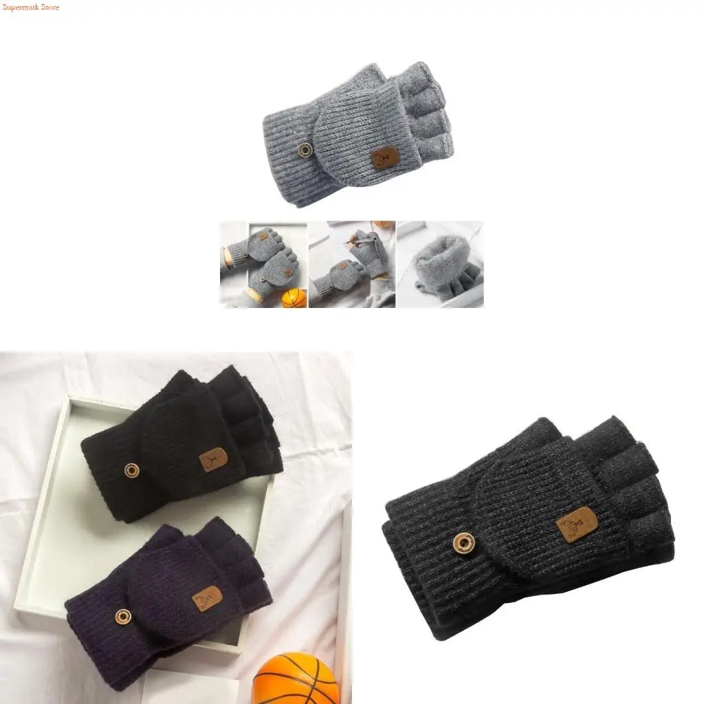 Q5WE Knit Half Finger Gloves Thicken Warm Writing Gloves Adult Unisex Jacquard Gloves