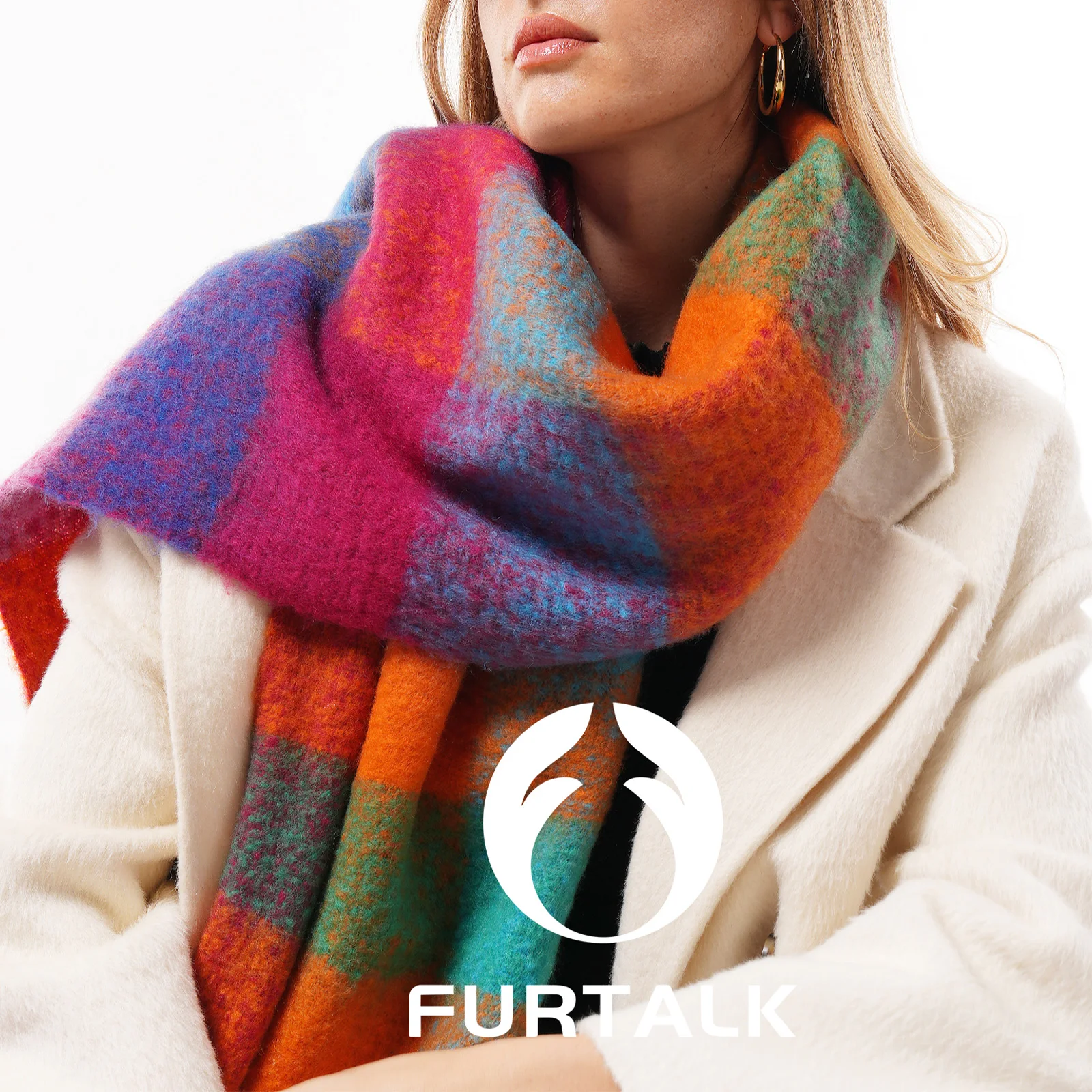 

FURTALK женский большой красочный клетчатый мягкий шарф-шаль с кисточкой, зимнее одеяло, очень большой шарф с кисточками, праздничный подарок