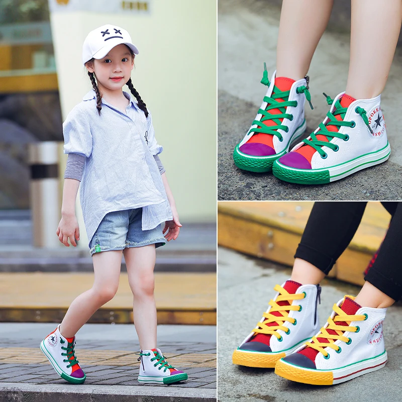 Opoee Children's Shoe Wholesale 2023 Spring Boys' and Girls' Board Shoes Korean Edition Colored Fashion Mid Top Children's Canva