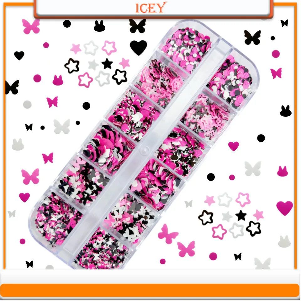 Icey Beauty 1set 12 Box Black and Pink Rabbit Heart Disc Nail Art Glitter Drip Glue Nail Art DIY Slime Filling Material