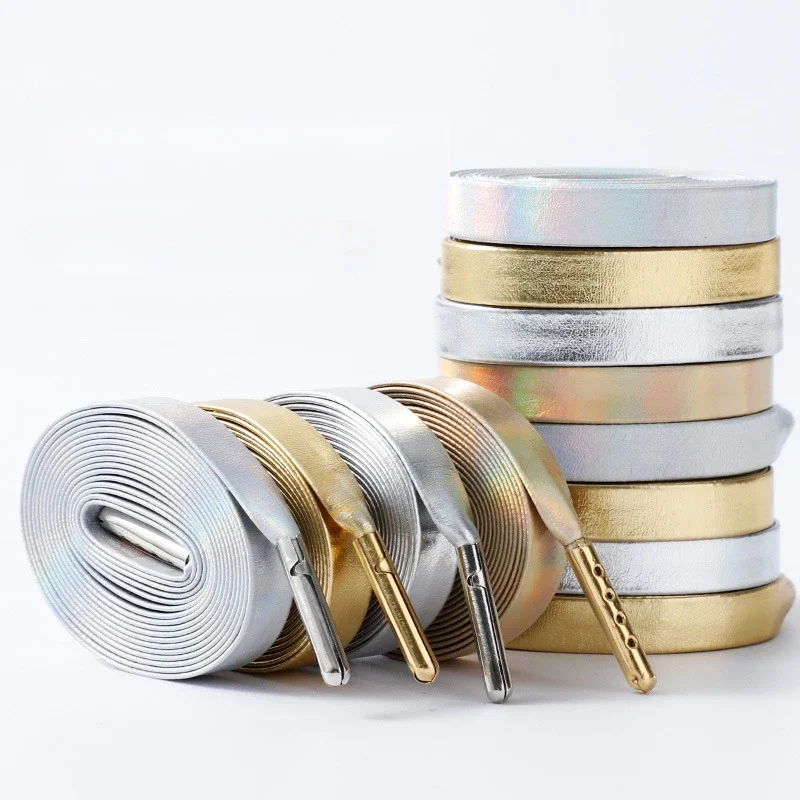 الفاخرة فو بولي Leather أربطة الحذاء الجلدية الذهب الفضة حبل مسطح رباط الحذاء المعدني HeadSneakers حذاء كاجوال الأربطة 80/100/120/140/160 سنتيمتر 1 زوج