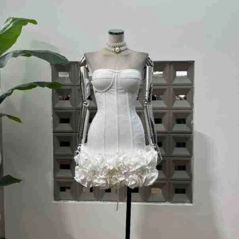 

Белое бандажное платье без бретелек с рыбьей косточкой, облегающее корсетное платье на шнуровке для горячих девушек, ультра-короткое элегантное платье с цветочным принтом