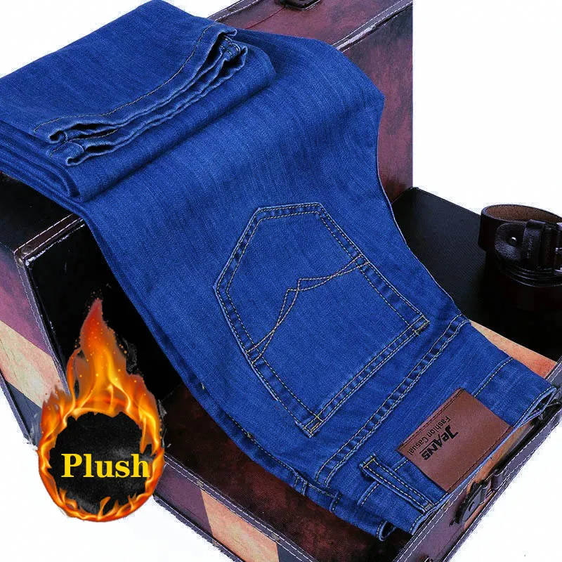 

Новинка 2024 года, деловые повседневные брюки, серая флисовая мужская одежда, черные, синие эластичные теплые зимние джинсы, бархатные джинсы 28-40