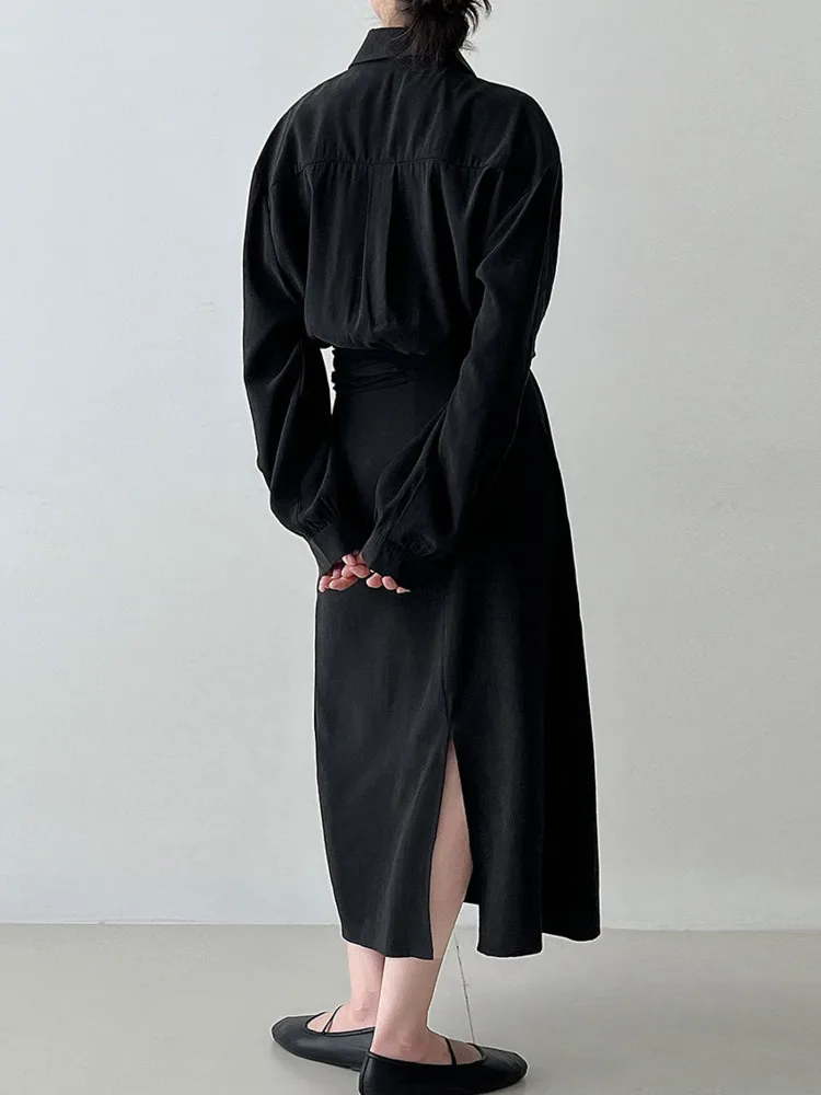 WHTREND vestido camisero de estilo coreano para mujer otoño nuevas mangas largas cintura fruncida Irregular elegante vestidos largos Oficina señora WH1469