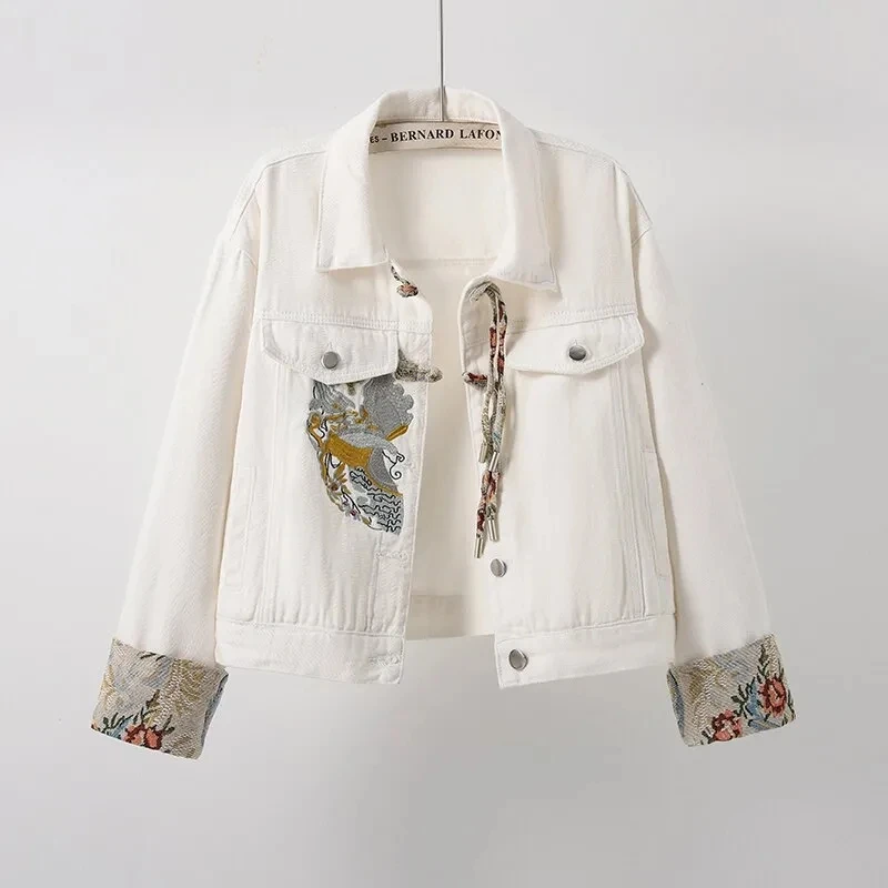 Ladies' New Spring Autumn Winter Joker New Chinese Style Hand-Embroidered Heavy Denim Jacket Casual Comfortable Temperament Coat