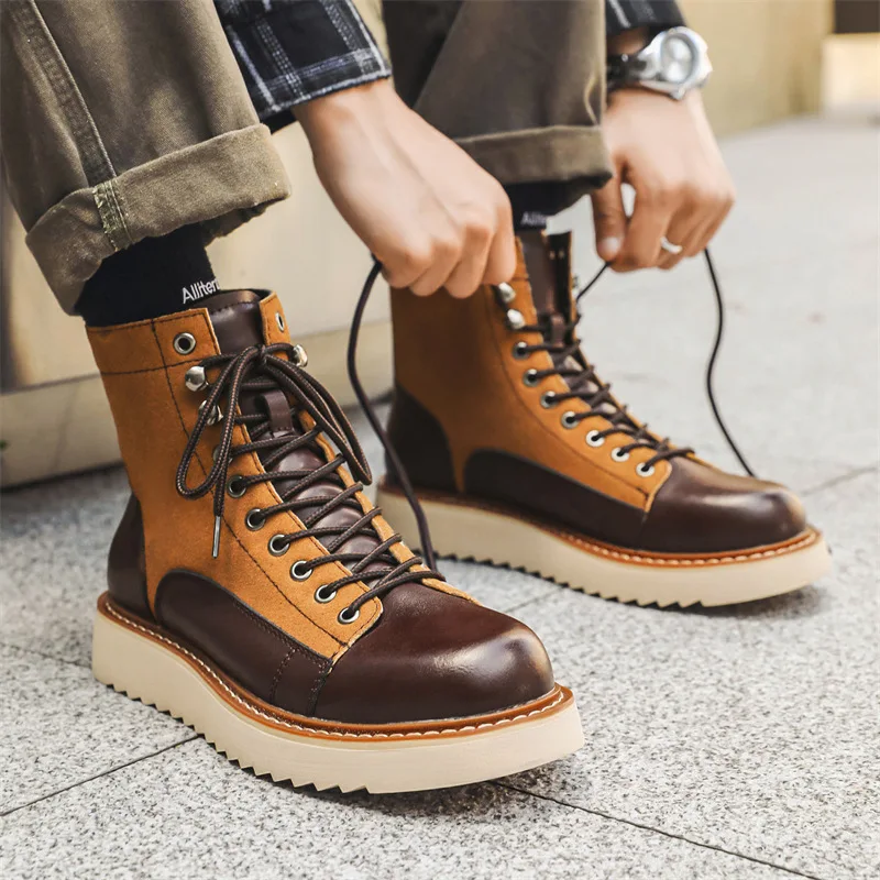 mens fashion party prom dress genuine leather boots lace-up platform shoes cowboy desert tooling boot cool high motorcycle botas