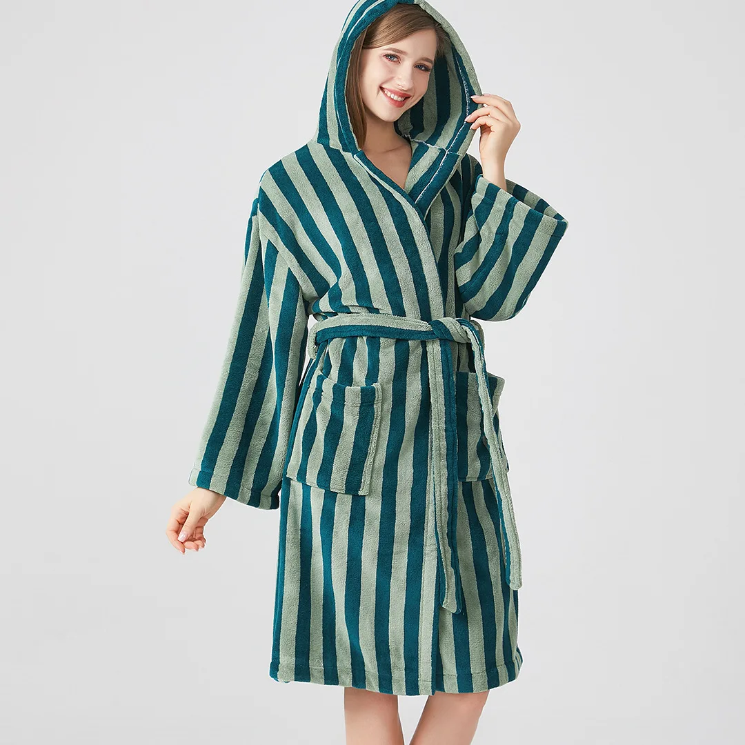 Women Flannel Robe Home Sleepwear Striped Hooded Bathrobe Kimono Bathrobe With Belt Water Uptake Pajamas Loose Hotal SPA Robes