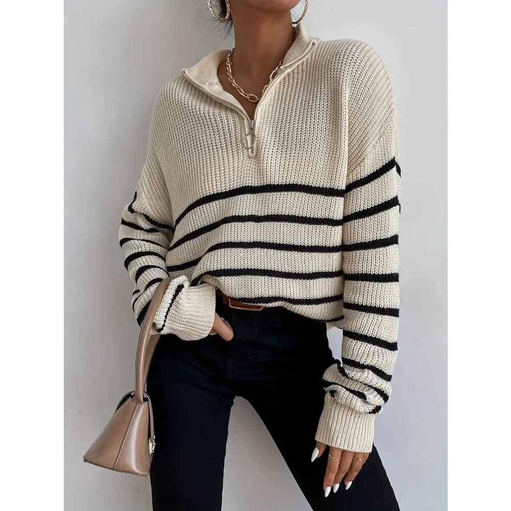 

Plus Size New Women's Zipper Striped Print Casual Long Sleeve Knit Sweater Solid color Hooded Sweater Velvet Sweater