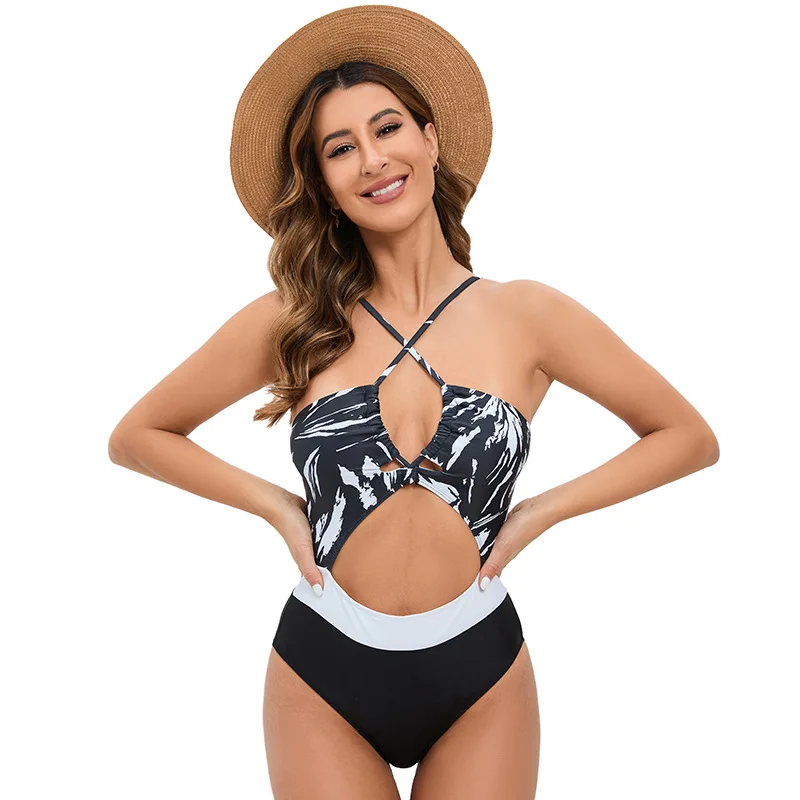 2024Women's One-Piece Stitching Collar Hollow Cross Cross Low-Cut Swimsuit