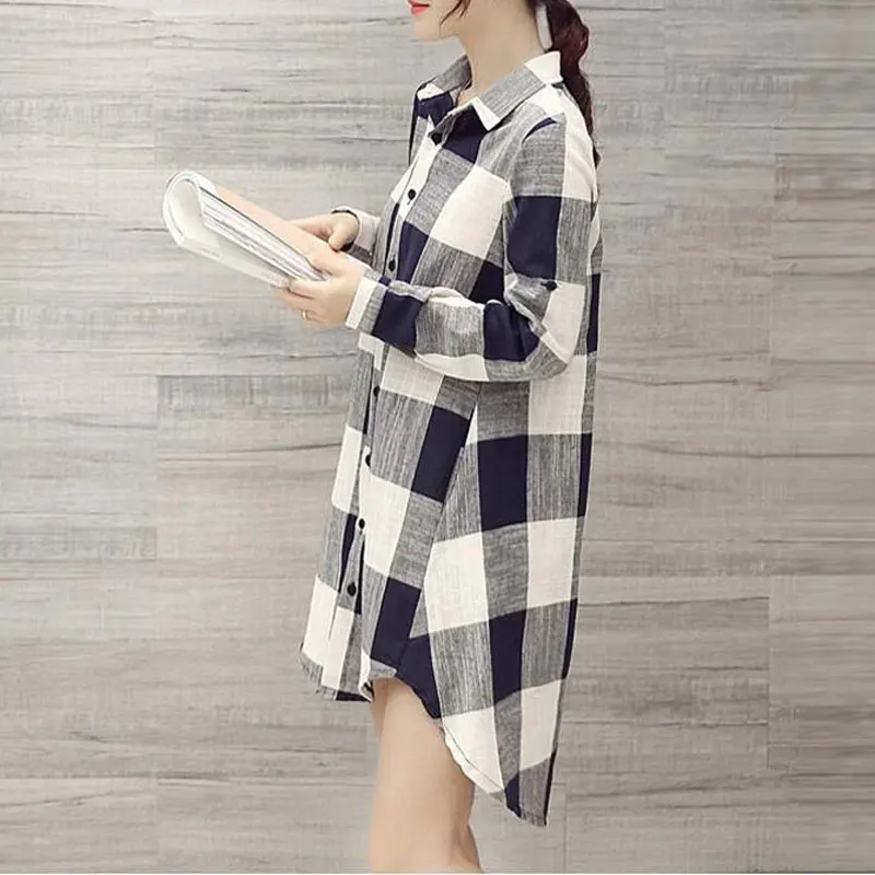 Spring Autumn Casual Plaid Polo-Neck Shirt Women\'s Clothing Fashion Single-breasted Korean Loose Long Sleeve Pockets Midi Blouse