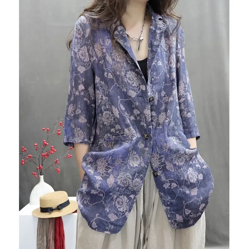 Women's Plus Size Ramie Floral Blazer Notched Lapel Five-point Sleeve Loose Linen Suit Jacket Casual Summer Outerwear