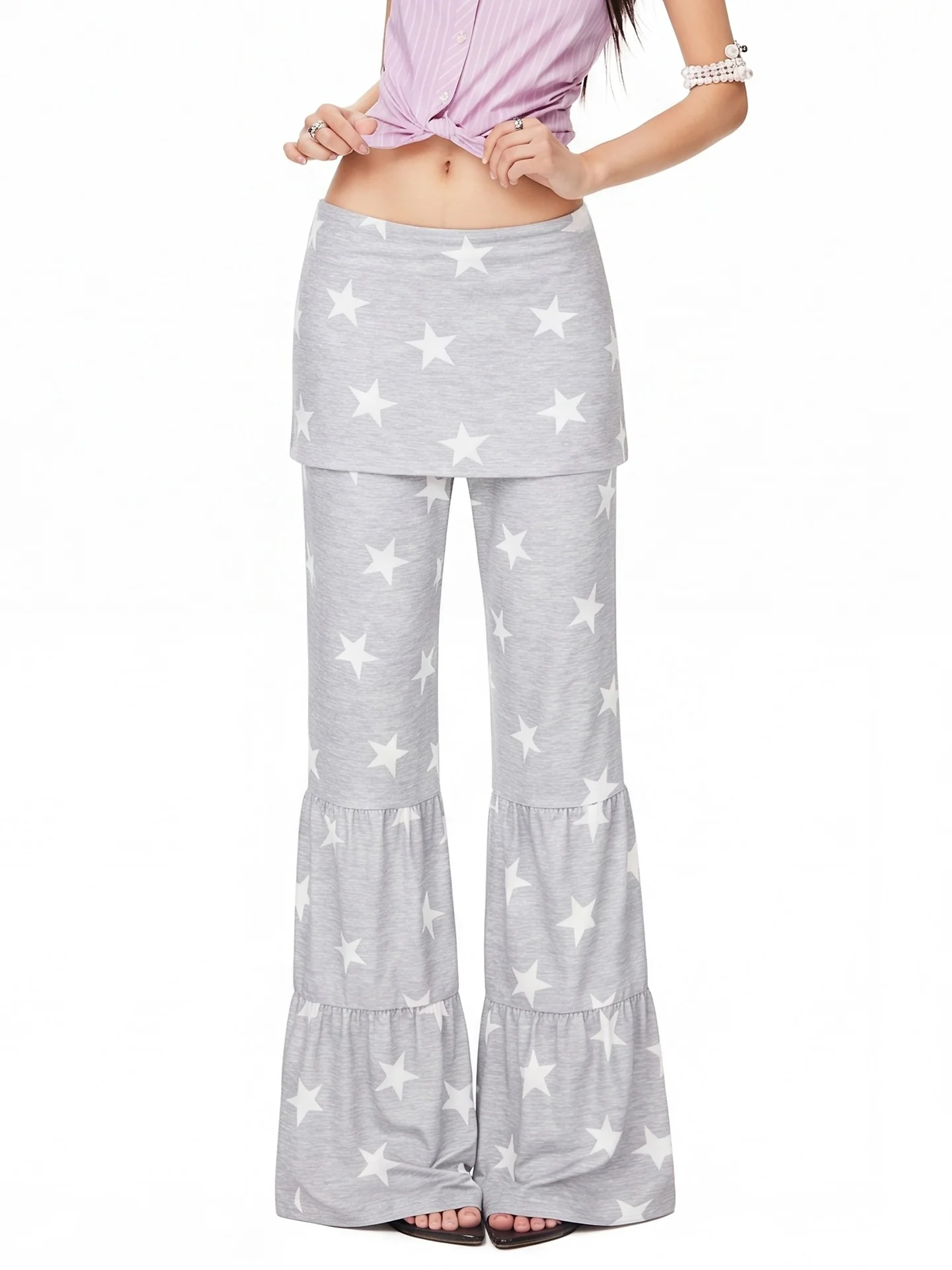 Millennium Girl AntY2K Fake Two-Piece Skirt Pants Women's Star Print Gored Hem Draping Floor-Length Pants Casual Style