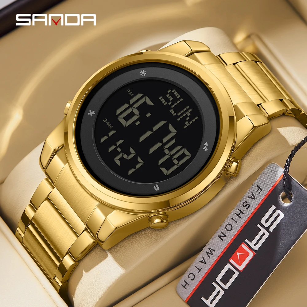 Sanda 6160 New Fashion Stainless Steel Strap Digital Movement Trendy Outdoor Sports Mode Teenager Students Wrist Stop Watch