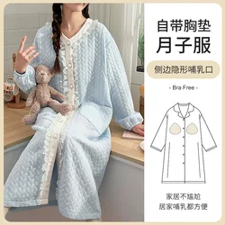 Plus Size Winter Maternity Pajamas with Chest Pads Women Lace Sweet Thickened Postpartum Breastfeeding Loungewear Home Clothes