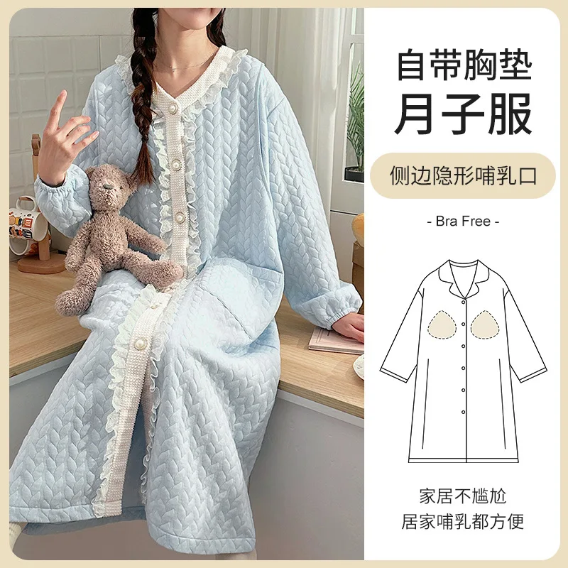 Plus Size Winter Maternity Pajamas with Chest Pads Women Lace Sweet Thickened Postpartum Breastfeeding Loungewear Home Clothes