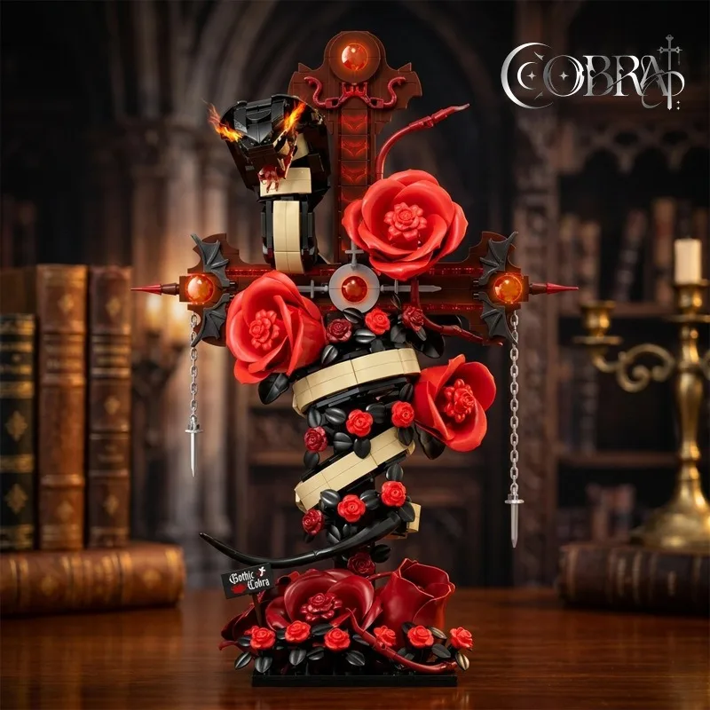 Cross Shaped Bracket Cobra Rose Building Block Gothic Halloween Gift DIY Desktop Puzzle Creative Assembly Decoration Model