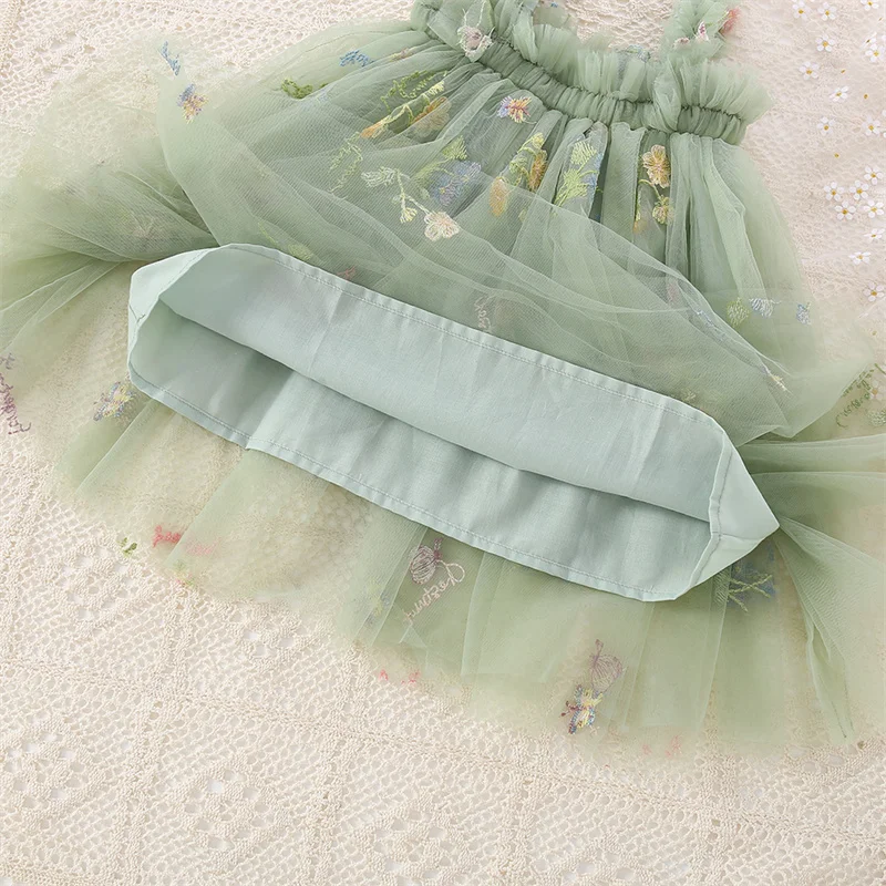 Novedad de verano, vestido de princesa de gasa verde para niña, ropa con tirantes para niños con bordado de flores dulces para bebés de 0 a 5 años
