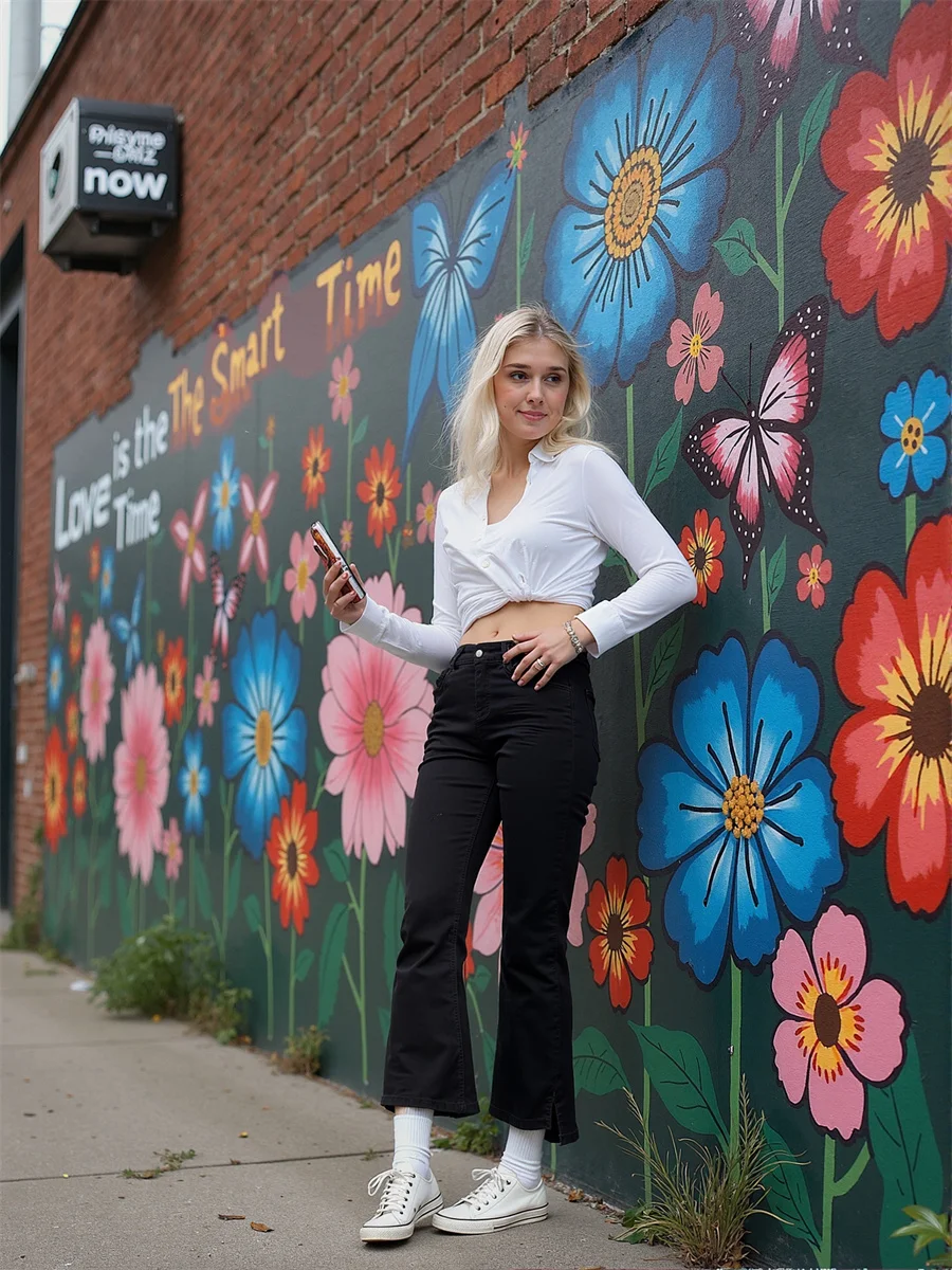 フレアヘムスリットスキニージーンズ レディース ワイドレッグ クラシックプリーツ 刺繍入り ストレッチ ハイウエスト パッチワーク ブラック ポケット付き トレンド